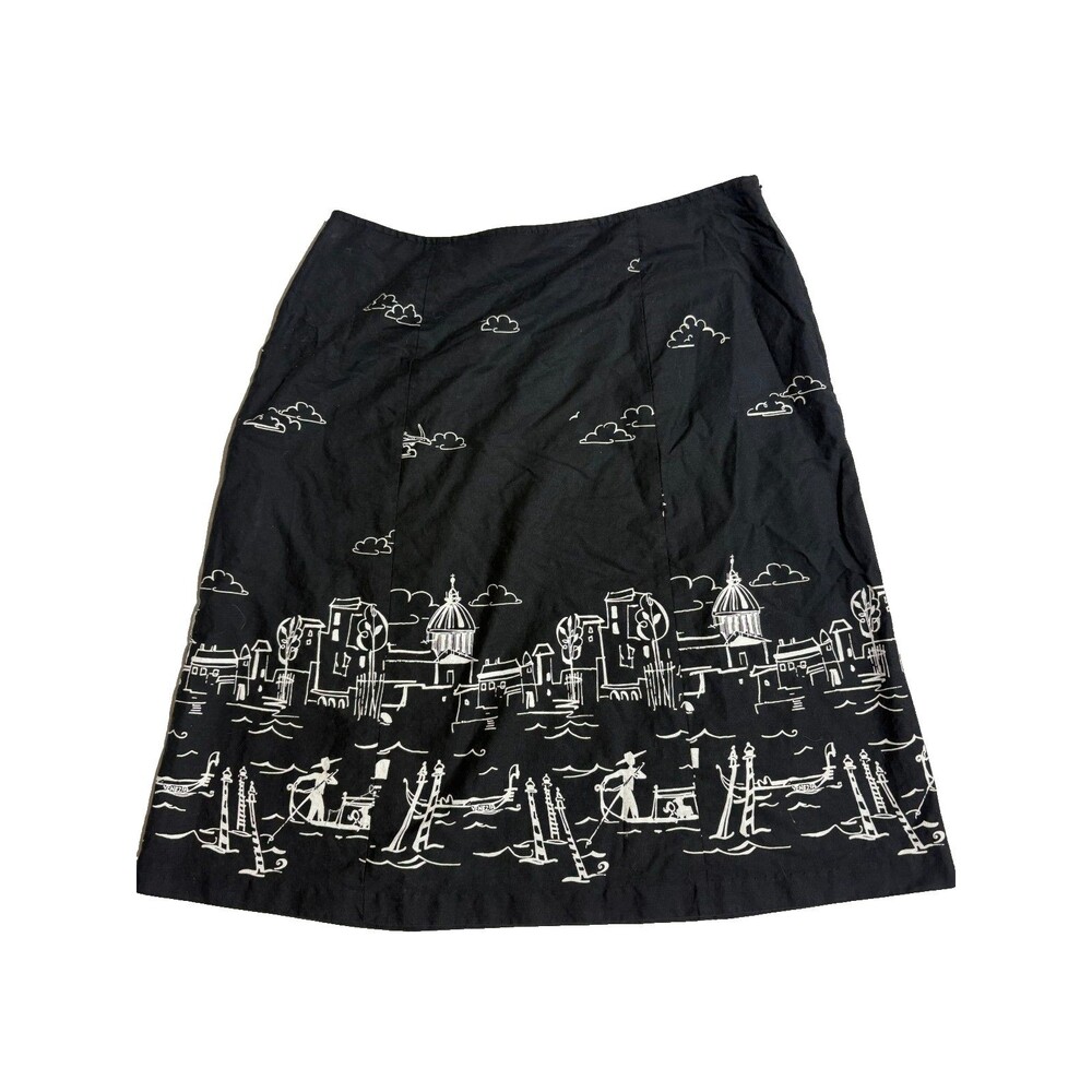 Dawn Joy Skirt Womens 14 Black White Cityscape Border Print 90s Vintage Cotton